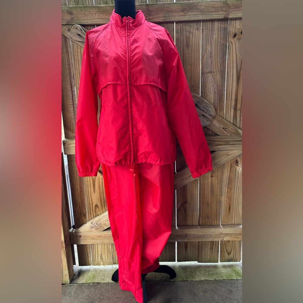 Lands End Red Nylon Rain Suit Zip Up Vented Jacket & Drawstring Pants Size L